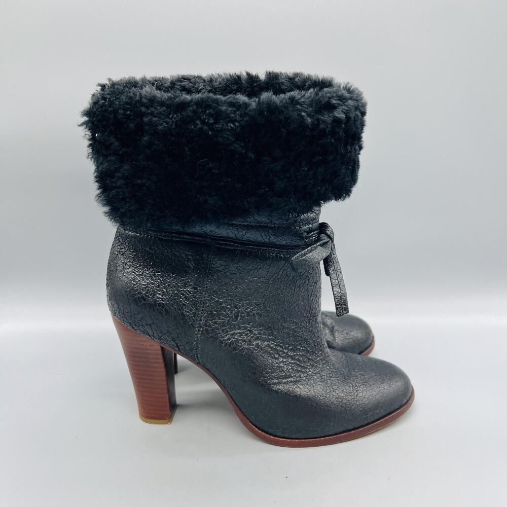 Tila March Boots Womens 8.5 Black Leather Shearling Cuff Ankle Booties Shoes